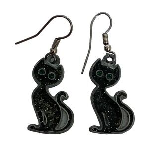 Vintage JD Black Sparkle Cat Silver Tone Drop Dangle Earrings 1" Signed